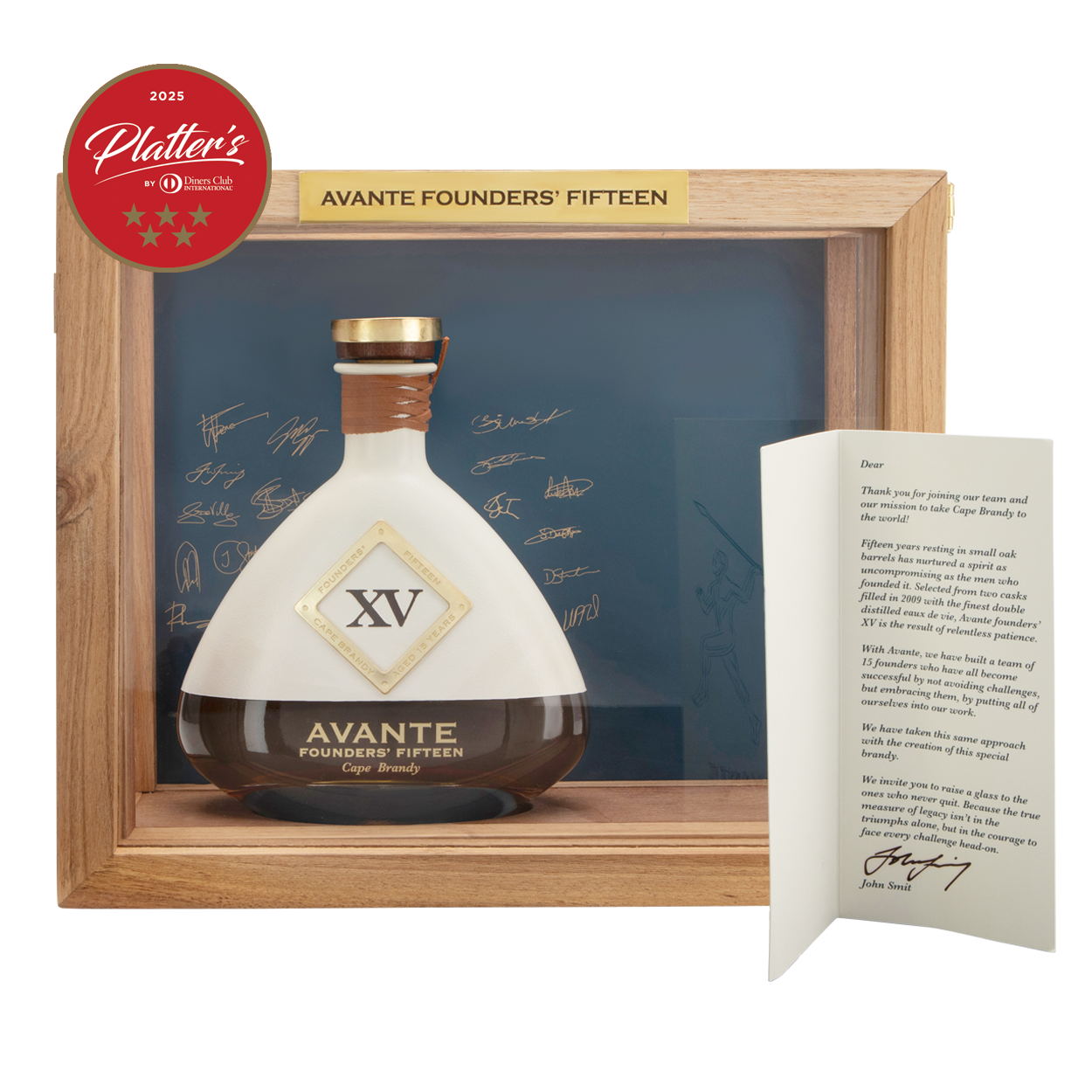 Front view of the Avante Founders' Fifteen XV Cabinet and Bottle of Brandy